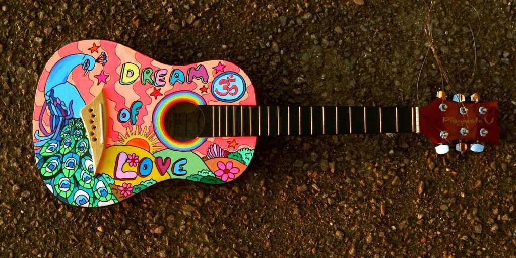 painted guitar, hippie, music